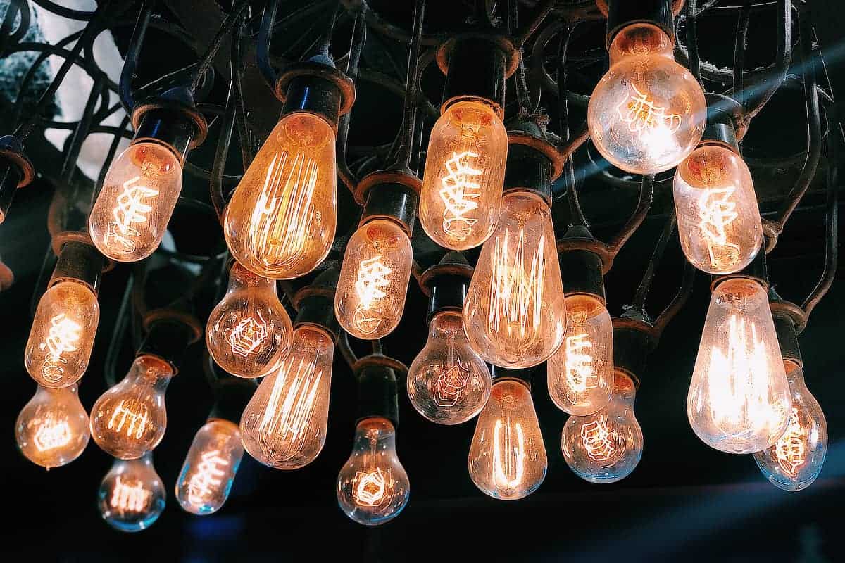 collection of vintage light bulbs turned on