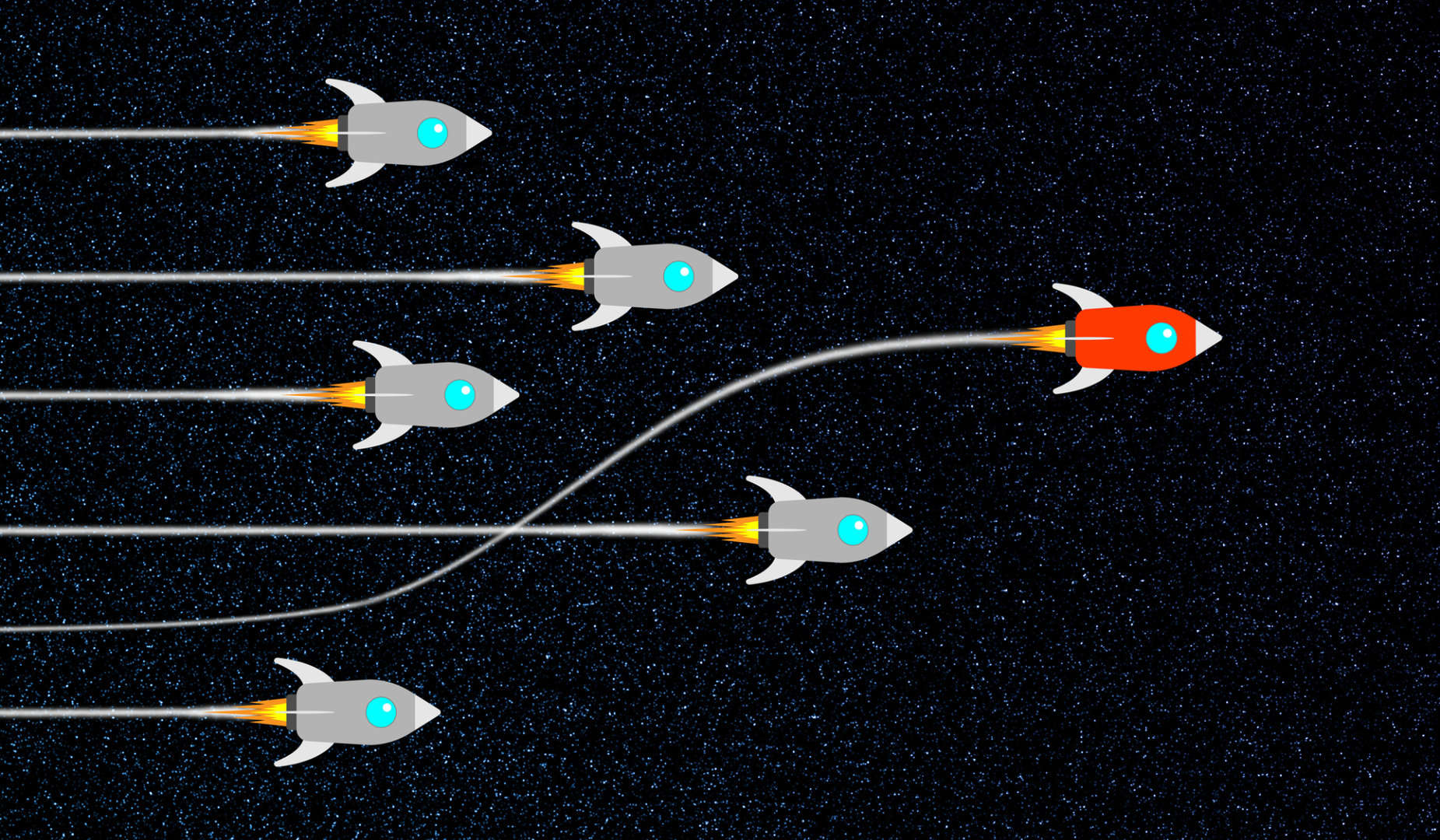 A group of similar spaceships with a red spaceship running out front.