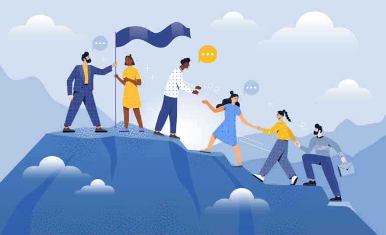 Illustration of people helping each other climb a mountain, with one person holding a flag at the top, symbolizing teamwork and leadership.
